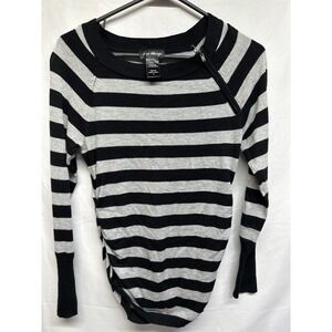 Love Always Black Gray Stripe Long Sleeve Zipper Accent Ruched Sweater Top M